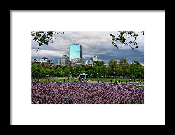 Boston Framed Print featuring the photograph Boston Common Memorial Day Flags Dramatic Sky Boston MA Tree by Toby McGuire