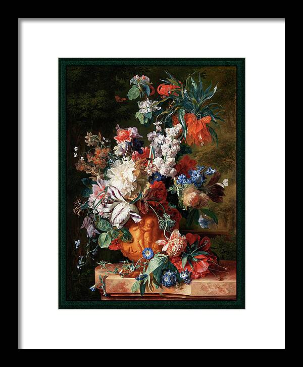 Bouquet Of Flowers In An Urn Framed Print featuring the painting Bouquet Of Flowers In An Urn by Jan van Huysum by Rolando Burbon