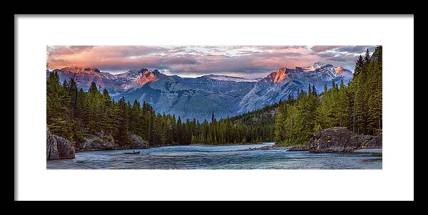 Banff National Park Framed Print featuring the photograph Bow River Sunset reflections Panorama by Dave Dilli