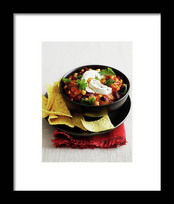 White Background Framed Print featuring the digital art Bowl Of Chili With Corn Chips by Brett Stevens