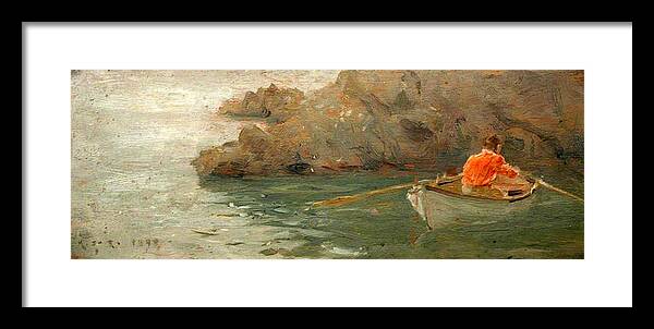 Henry Scott Tuke Framed Print featuring the painting Boy Rowing Out From a Rocky Shore by Henry Scott Tuke