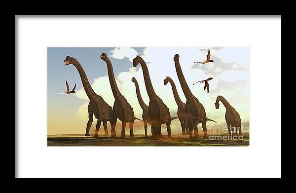 Brachiosaurus Framed Print featuring the digital art Brachiosaurus Dinosaurs on Trek by Corey Ford