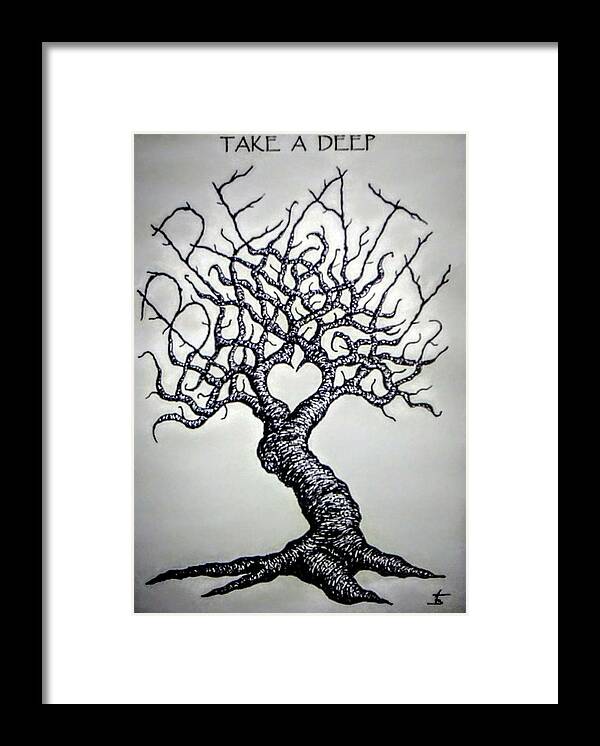 Yoga Framed Print featuring the drawing Breathe Love Tree - blk/wht by Aaron Bombalicki