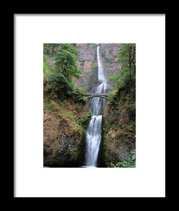 Waterfall Framed Print featuring the digital art Bridge over Multenoma Falls in Oregon by Julia L Wright