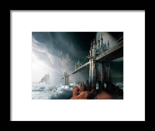 Sky Clouds Rainbow Bridge Haven Gothic Architecture Broken Island Moon Framed Print featuring the digital art Bridges to the Neverland by George Grie