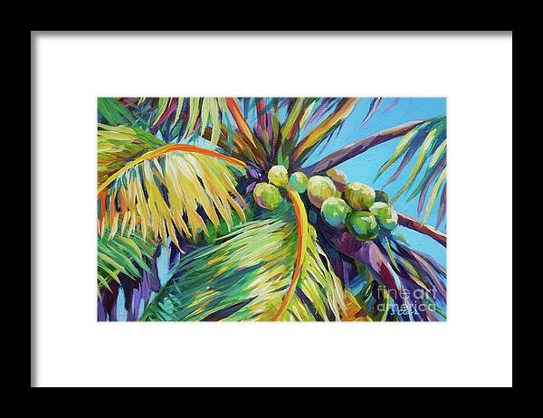 Palm Framed Print featuring the painting Bright Coconuts in a Palm Tree by John Clark