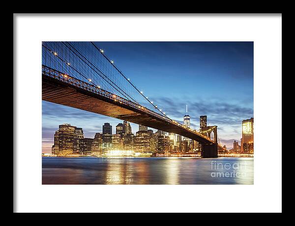 Brooklyn Bridge Framed Print featuring the photograph Brooklyn bridge at night, New York, USA by Matteo Colombo