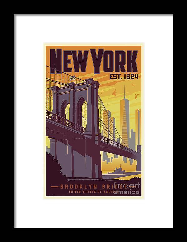 Travel Poster Framed Print featuring the digital art Brooklyn Bridge Poster - New York Vintage by Jim Zahniser