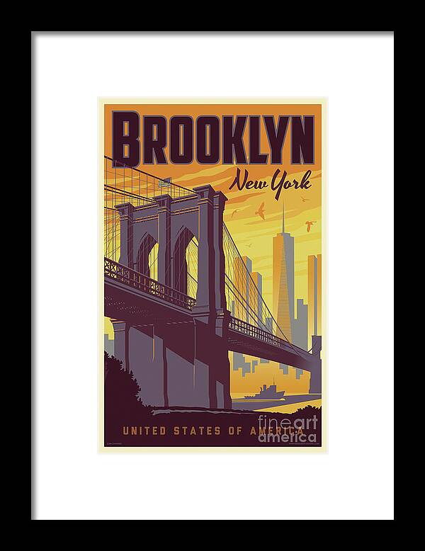 Travel Poster Framed Print featuring the digital art Brooklyn Poster - Vintage Brooklyn Bridge by Jim Zahniser