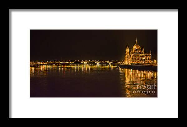 Panorama Framed Print featuring the photograph Budapest By Night - Over Danube River by Stefano Senise