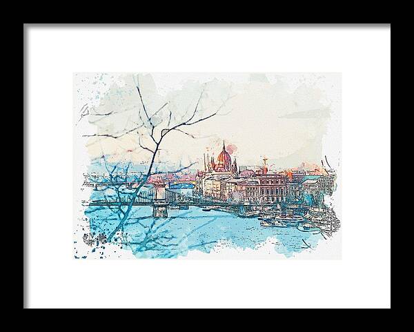 Hungary Framed Print featuring the painting Budapest, Hungary watercolor by Ahmet Asar by Celestial Images