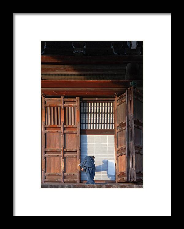 Working Framed Print featuring the photograph Buddhist Monk At Kyotos Chion-in Temple by B. Tanaka