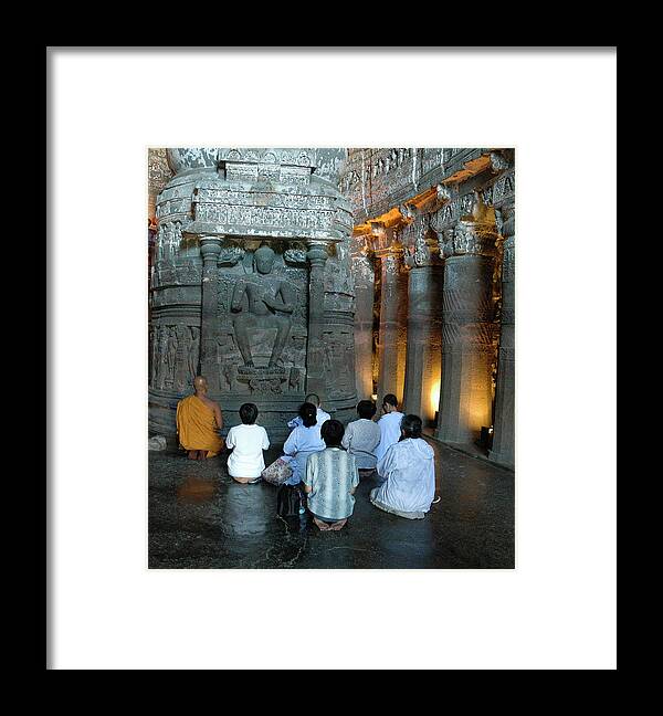 People Framed Print featuring the photograph Buddhists Respect In Cave 26 by Marc Shandro