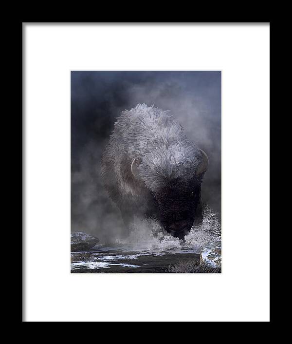Buffalo Framed Print featuring the digital art Buffalo Charging Through Snow by Daniel Eskridge