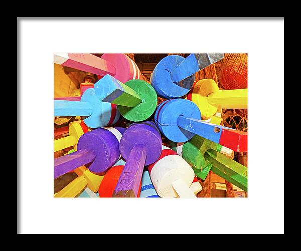 Abstract; Display; Kaleidoscope; Variety; Shapes; Patterns; Buoys; Lobster; Traps; Cape Cod; Provincetown; Massachusetts; Child; Children; Decoration; Colorful; Color; Green; White; Red; Yellow; Blue; Purple; Orange; Pink; Decorative; Purchase; Shop; Retail; Summer; Doodle; Doodleng; Art; Picture; Photograph; Image; Home; Decor; Interior; Decorating; Design; Business; Corporate; Office; Pretty Framed Print featuring the photograph Buoy Kaleidoscope 300 by Sharon Williams Eng