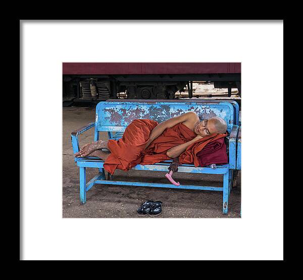 Monk Framed Print featuring the photograph Burmese monk resting on bench by Ann Moore