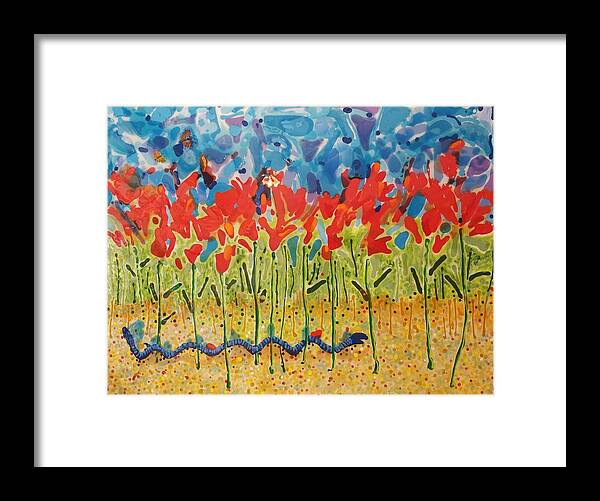 Landscape Framed Print featuring the painting Butterflies, Caterpillars, and Bees by Joe Roache