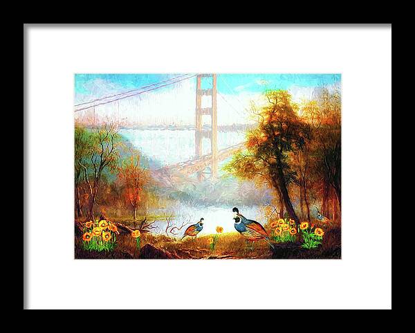 California Framed Print featuring the digital art California Quail Poppies and Golden Gate by Doreen Erhardt