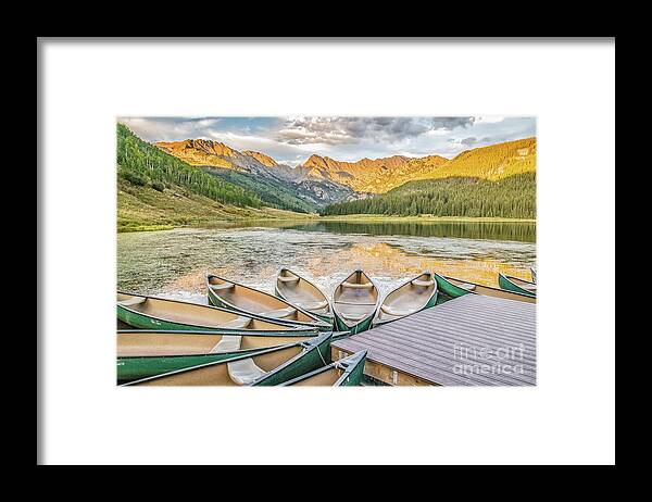 Canoe Framed Print featuring the photograph Canoes at Sunset by Melissa Lipton