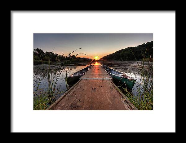Outdoors Framed Print featuring the photograph Canoes On The Dock At Sunrise by Rhyman007