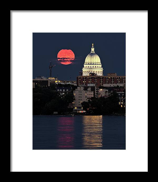 Capitol Wi Wisconsin Framed Print featuring the photograph Capitol Lunacy - full moon rising beside WI Capitol dome from Peninsula Point by Peter Herman