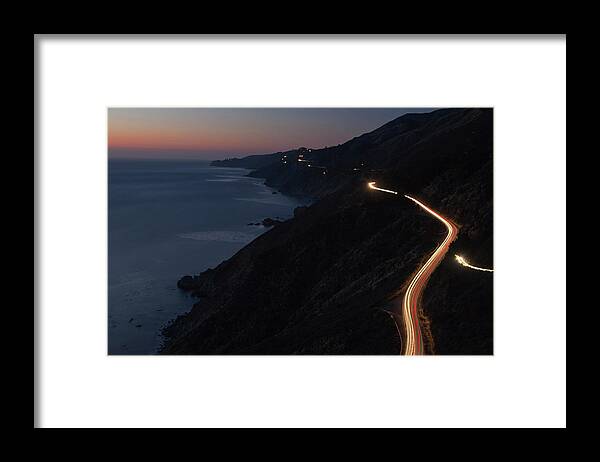 Scenics Framed Print featuring the photograph Car Lights On Pacific Coast Highway by Kodiak Greenwood