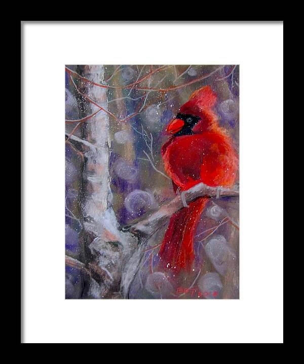 Bird Framed Print featuring the pastel Cardinal in the snow by Barbara O'Toole