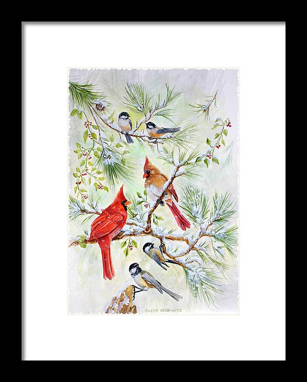 Cardinals And Chickadees Framed Print featuring the painting Cardinals And Chickadees by Eileen Herb-witte