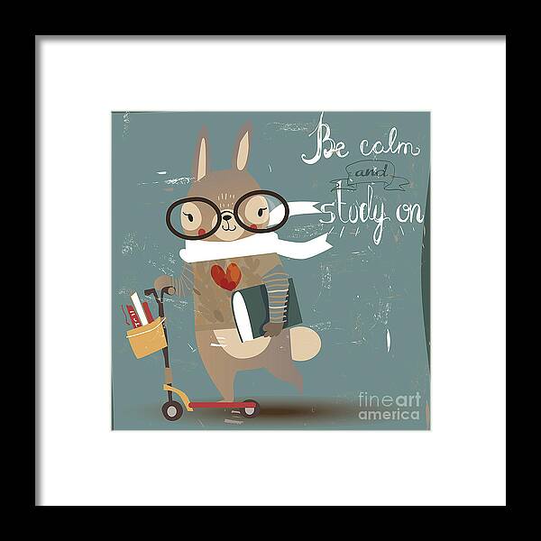 Education Framed Print featuring the digital art Cartoon Hare With Books by Elena Barenbaum
