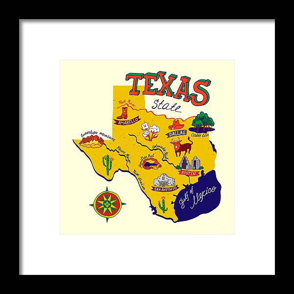 Country Framed Print featuring the digital art Cartoon Map Of Texastravels by Daria i