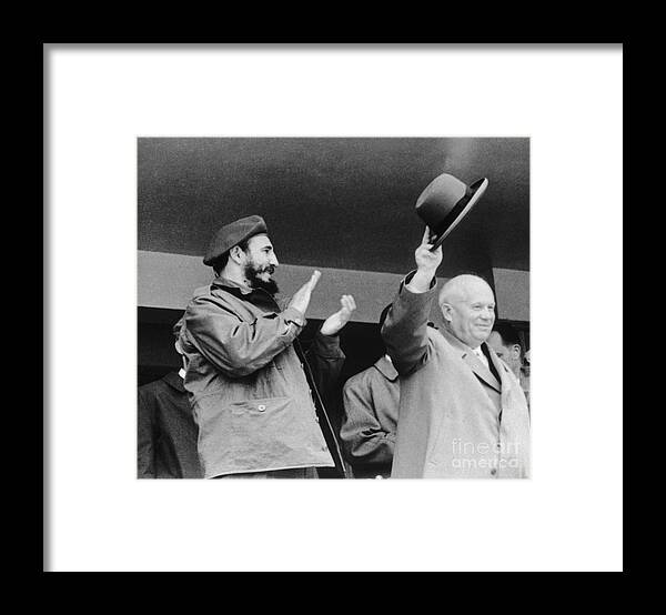 Crowd Of People Framed Print featuring the photograph Castro And Khrushchev Waving by Bettmann
