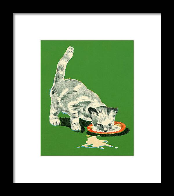 Animal Framed Print featuring the drawing Cat Drinking Milk by CSA Images