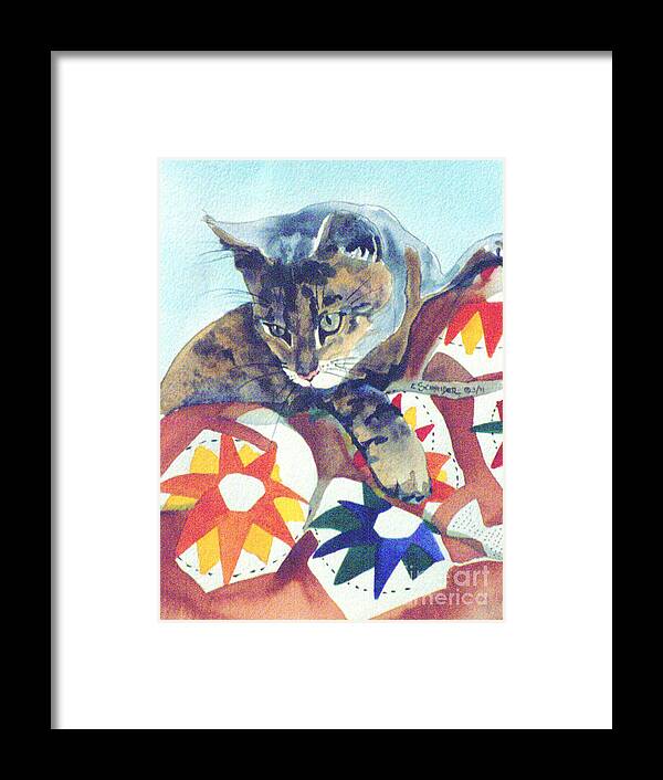 Cat Framed Print featuring the painting Cat On A Quilt by Edie Schneider
