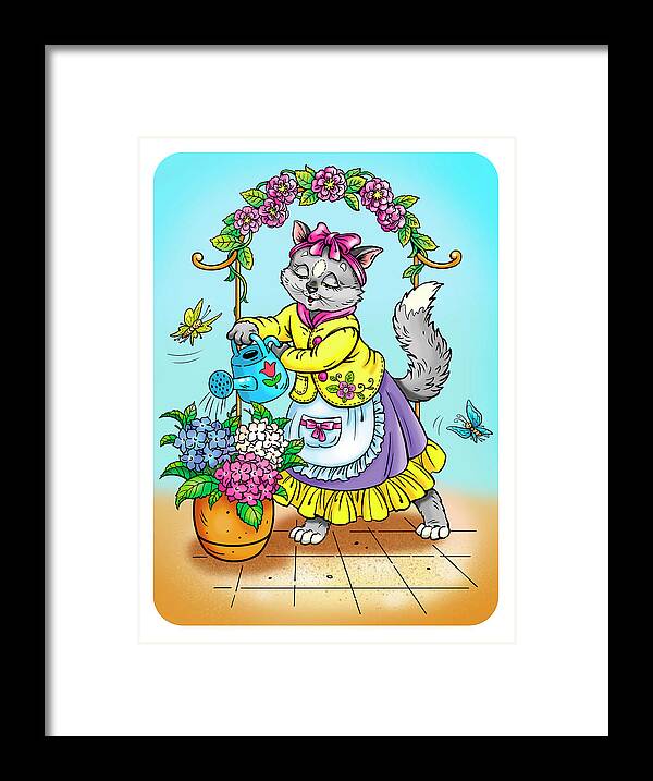 Cat Framed Print featuring the digital art Cat With Flowers by Olga Kovaleva
