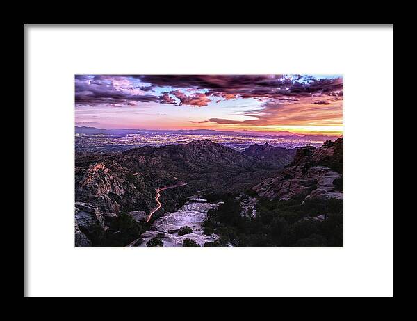 Tucson Framed Print featuring the photograph Catalina Highway Sunset and Tucson City Lights by Chance Kafka