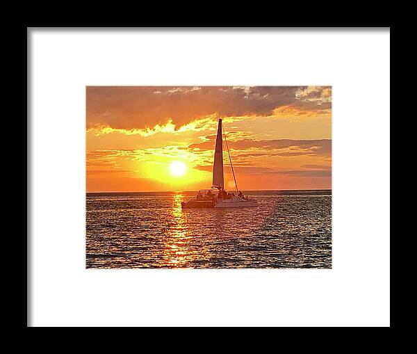 Beach Framed Print featuring the photograph Catamaran Sailing Past Sunset in Captiva Island Florida 2019 by Shelly Tschupp
