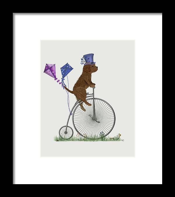 Bicycle Framed Print featuring the painting Cavapoo Brown On Penny Farthing by Fab Funky