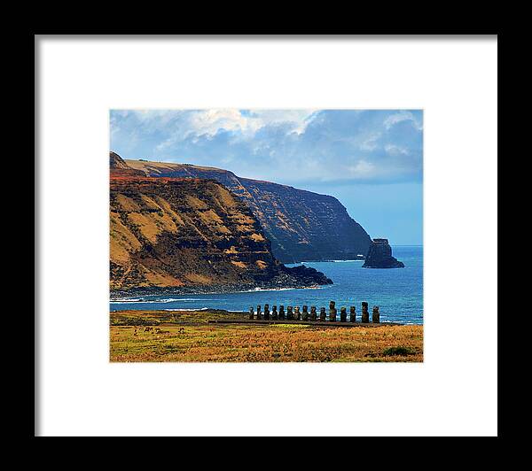 Scenics Framed Print featuring the photograph Ceremonial Place With 15 Moai by Miguel Vasquez