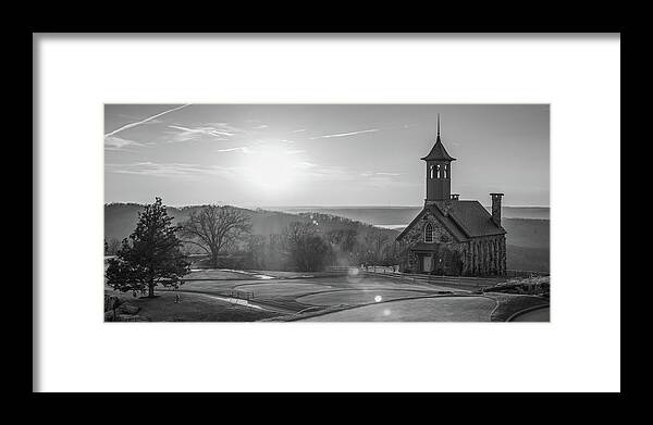 America Framed Print featuring the photograph Chapel of the Ozarks Top of the Rock Panorama - Monochrome by Gregory Ballos
