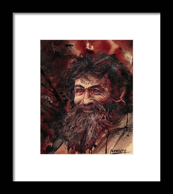 Ryan Almighty Framed Print featuring the painting CHARLES MANSON portrait dry blood by Ryan Almighty