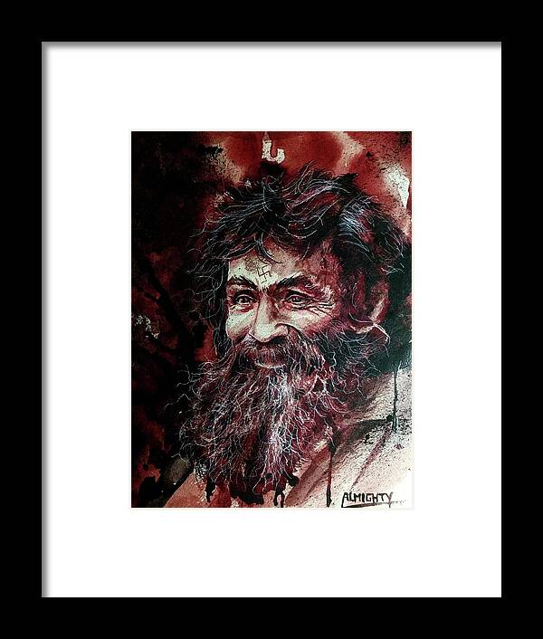 Ryan Almighty Framed Print featuring the painting CHARLES MANSON portrait fresh blood by Ryan Almighty