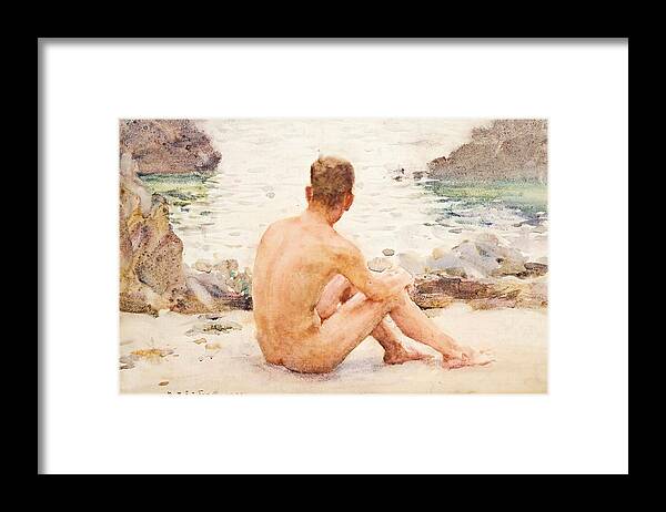 Henry Scott Tuke Framed Print featuring the painting Charlie Seated in the Sand by Henry Scott Tuke