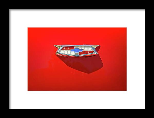 Vehicle Framed Print featuring the photograph Chevrolet Emblem on a 55 Chevy Trunk by Scott Norris