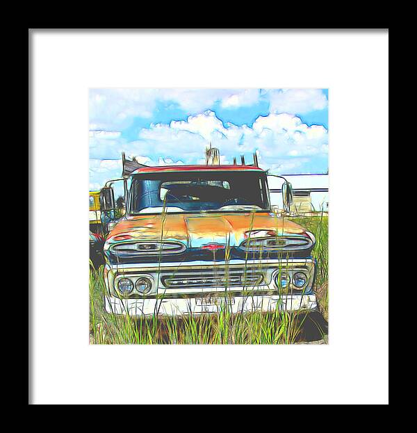 Junked Chevy Framed Print featuring the digital art Chevy Truck in the junkyard by Cathy Anderson