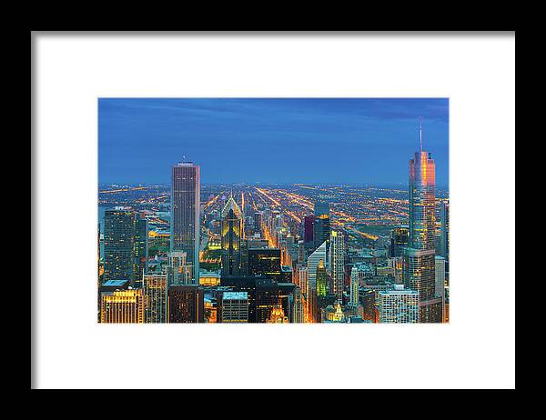 Lake Michigan Framed Print featuring the photograph Chicago Areal View Taken At Twilight by Mmac72