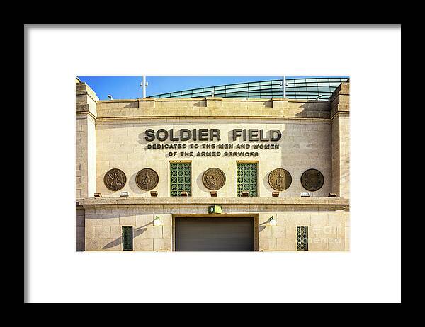 America Framed Print featuring the photograph Chicago Bears Soldier Field Sign Photo by Paul Velgos