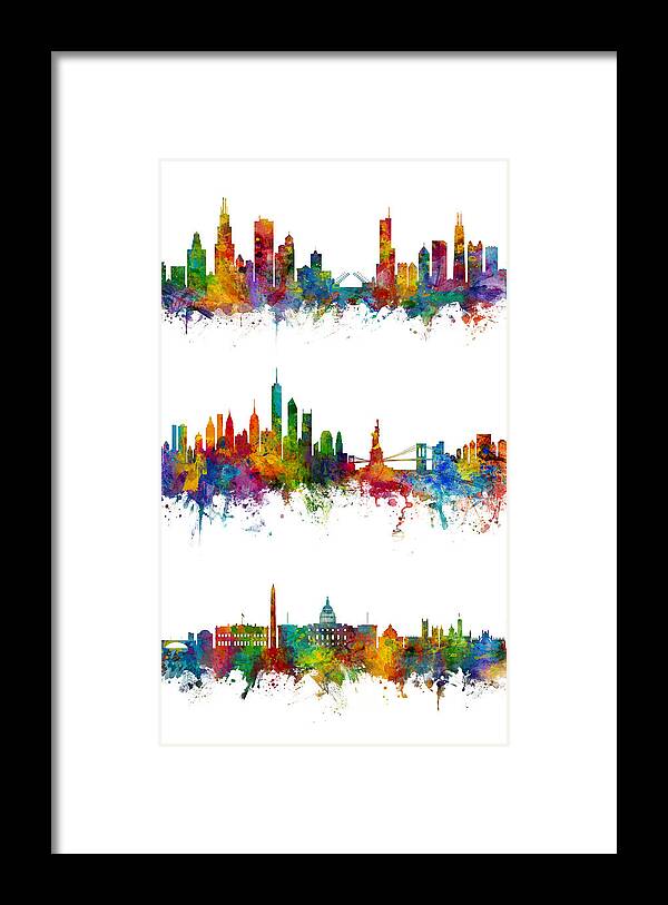 Chicago Framed Print featuring the digital art Chicago New York and Washington DC Skyline trio Skyline by Michael Tompsett