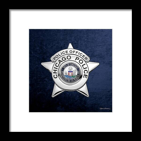  ‘law Enforcement Insignia & Heraldry’ Collection By Serge Averbukh Framed Print featuring the digital art Chicago Police Department Badge - C P D  Police Officer Star over Blue Velvet by Serge Averbukh