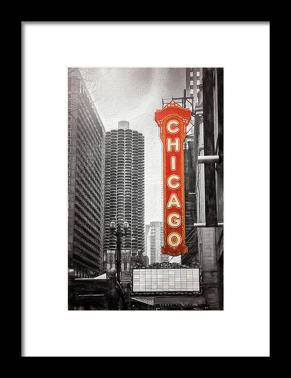 Chicago Framed Print featuring the photograph Chicago Theatre Sign Chicago Black and White by Carol Japp