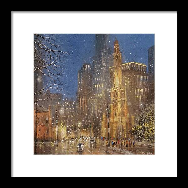Snow Scene Framed Print featuring the painting Chicago Water Tower by Tom Shropshire